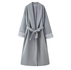 Detail of grey long wool coat with faux fur cuffs and matching waist tie belt