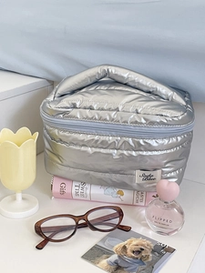 Silver quilted waterproof cosmetic bag with wide handle and large capacity