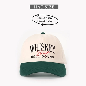 Detailed view of embroidery text on a vintage baseball cap with size measurement guide