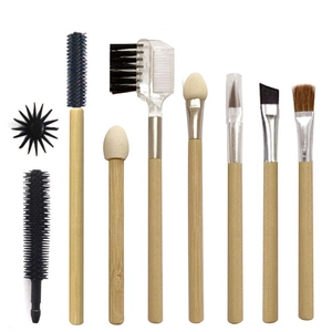 8-piece bamboo handle makeup brush set including eyelash wand and eyebrow comb