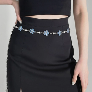 Women Fashion Waist Chain Belt Silver Metal Blue Crystal Flower Rhinestone Adjustable For Dress Summer Party Decor