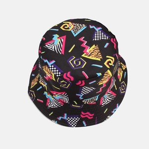 Top view of retro geometric pattern canvas bucket hat with 90s Memphis style prints