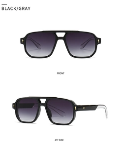Front and side view of black aviator sunglasses with gold rivets and gray lenses