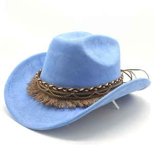Detail of light blue faux suede cowboy hat with fringe, chain, and woven band decoration