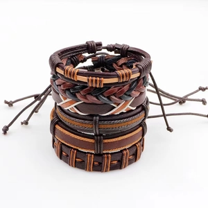 Six-piece set of men's vintage leather braided bracelets in brown and black tones
