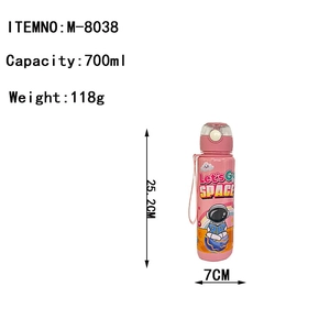 Pink astronaut cartoon kids water bottle 700ml with pop-up lid and size specifications
