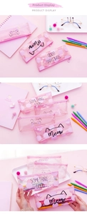 Detail of pink transparent cat pencil case with zipper and cute graphic prints