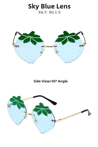 Detail of strawberry-shaped sky blue rimless sunglasses with gold metal temples