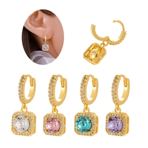 Elegant gold halo drop earrings featuring square cubic zirconia in four vibrant colors