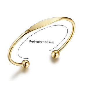Minimalist gold-plated stainless steel C-shape cuff bangle with ball ends and 160mm perimeter
