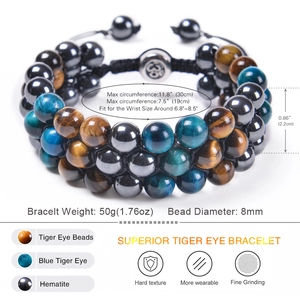 Adjustable 8mm triple-row tiger eye and hematite beaded bracelet with size measurements