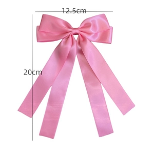 Pink satin double bow hair clip with ribbons showing dimensions 12.5cm by 20cm