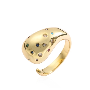 Adjustable gold plated geometric ring with colorful zircon stones in a minimalist design