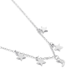 Silver star and moon necklace with shimmering rhinestones on a polished metal chain