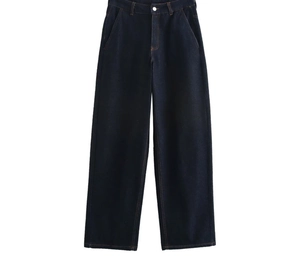 Detail of dark blue high-waisted wide leg denim trousers with contrast stitching design