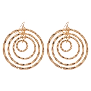 Golden multi-layer circular earrings with hammered texture and hook design on white background