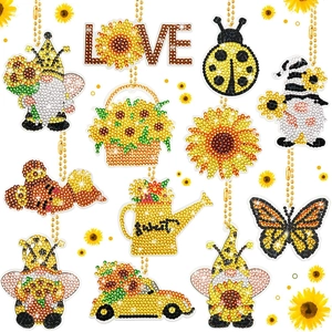 DIY 5D diamond painting sunflower gnome keychains set with double-sided sparkling rhinestones