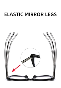 Detail showing elastic mirror legs and durable hinge on black square frame glasses