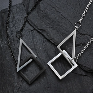 Minimalist geometric triangle and square pendant necklace set in black and silver