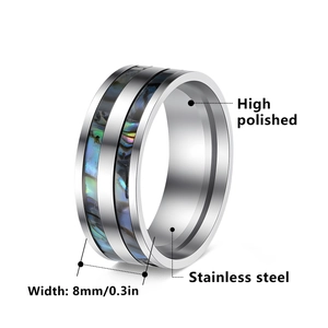 8mm high polished stainless steel ring featuring dual abalone shell inlays for men and women