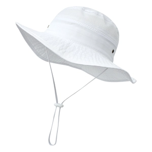Kids white wide brim sun hat with mesh panels and adjustable windproof chin strap