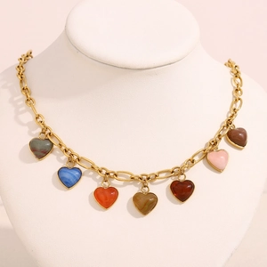 Heart Pendant Necklace 18K Gold Plated Stainless Steel Irregular Chain Vintage French Colorful Charm Jewelry For Women