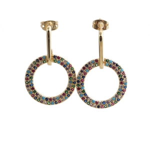 Rainbow gemstone circular stud earrings in gold finish with vibrant geometric crystals