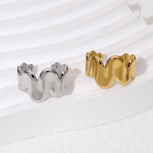 Irregular wave-shaped stainless steel open rings in 18K gold and silver finishes