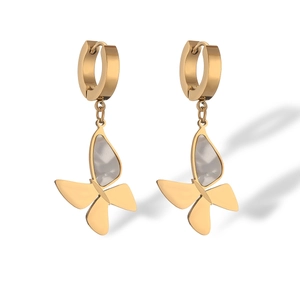 Elegant gold-plated butterfly drop earrings with white shell inlay for women