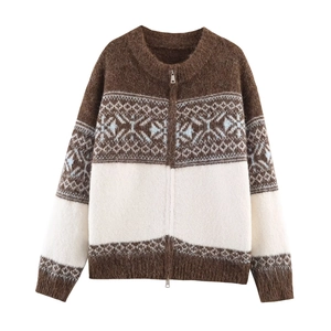 Braune und cremefarbene Jacquard-Strickjacke mit geometrischem Muster und Metallreißverschluss