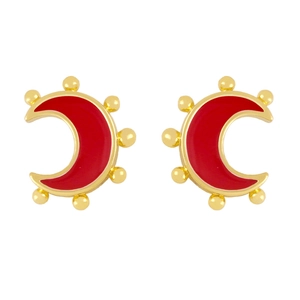 Chic 18K gold plated moon stud earrings with bright red enamel and sunburst edge