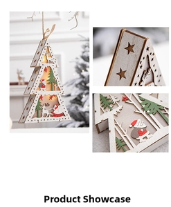 Close-up of hollowed wooden Christmas tree ornament with warm LED lighting and hemp rope