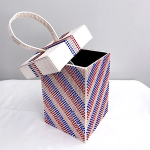 Exquisite rhinestone evening clutch bag with red white and blue diagonal stripes