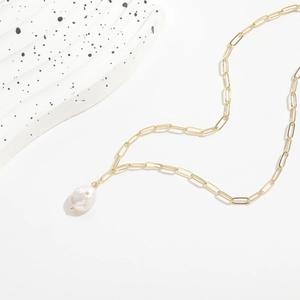 Elegant 14K gold plated chain necklace with a natural baroque freshwater pearl pendant