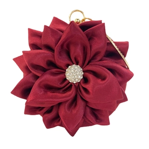 Elegant deep red satin floral evening bag with crystal center and gold handle clasp