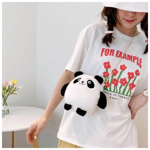 Detailed view of spherical panda plush bag with a gold metal chain strap for kids