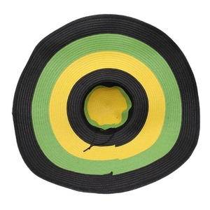 Top view of large brim straw hat with black, green and yellow concentric woven design