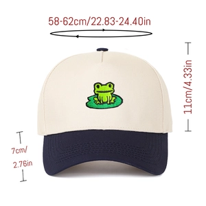 Detail view of frog embroidery on baseball cap with size specs 58-62cm head girth