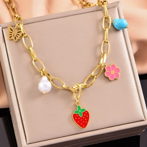 Stainless Steel Necklace And Bracelet With Enamel Strawberry Flower Butterfly Faux Artificial Pearl Stone Gold Plated Women Jewelry