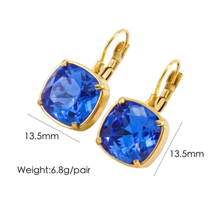 Detailed view of 14k gold earrings with square blue crystal and dimensions 13.5mm