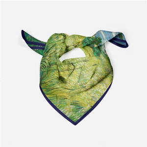 Detail of 53cm silk scarf featuring Van Gogh Wheat Field with Cypresses art pattern