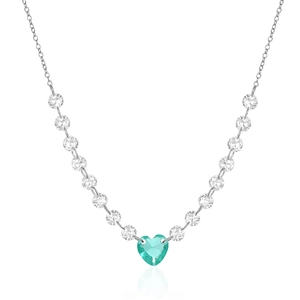 Detail of s925 silver necklace featuring heart-shaped turquoise pendant and row of clear stones