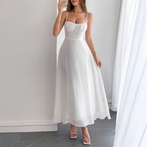 Elegant white camisole maxi dress with pleated bust and A-line silhouette for summer vacation