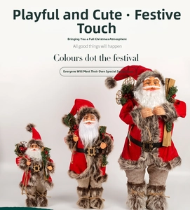 Detailed view of three Santa Claus figurines with wooden sleds and plush red fabric suits