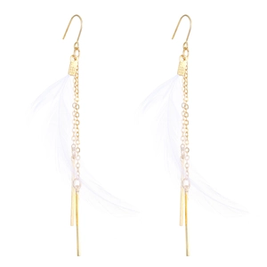 Retro long feather tassel earrings with gold metal chain for women on white background