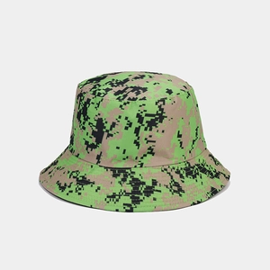 Detail of pixelated digital camouflage bucket hat with neon green and khaki patterns