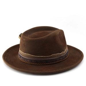 Detail of vintage brown wool felt fedora with decorative feathers and embossed band