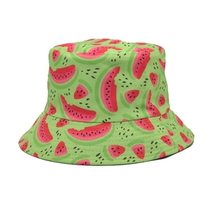 Reversible bucket hat for men and women featuring vibrant watermelon print on green fabric
