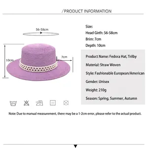Purple straw boater hat with pearl band details and size dimensions for summer