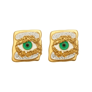 Golden Evil Eye rectangular earrings with green enamel and sparkling zirconia details